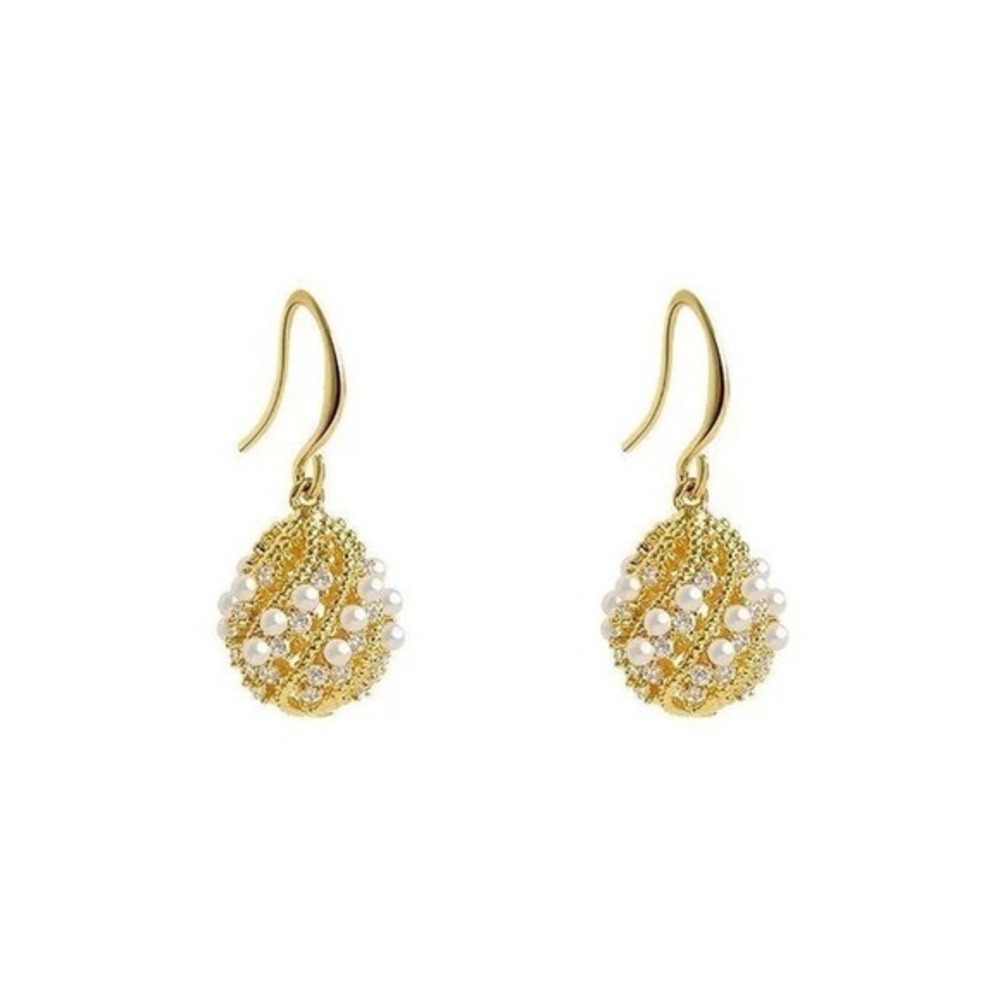 Elegant Gold Tone Teardrop Dangle Earrings with Faux Pearls and Crystals‎